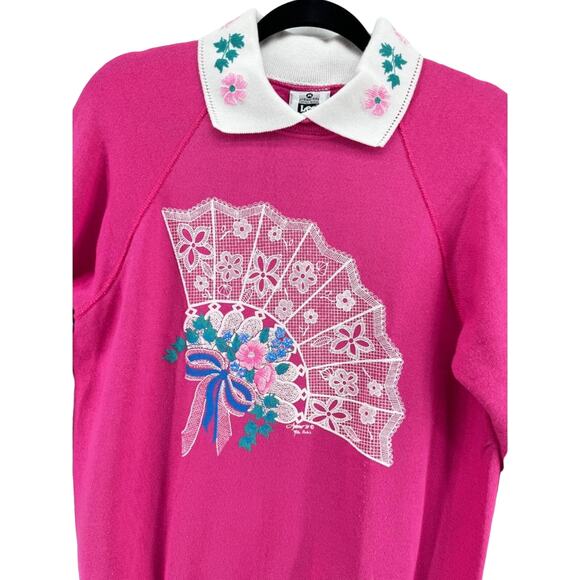 80s 90s Vintage Lee Grandmacore Cottage Core Granny Hot Pink Sweatshirt Medium - Picture 3 of 7